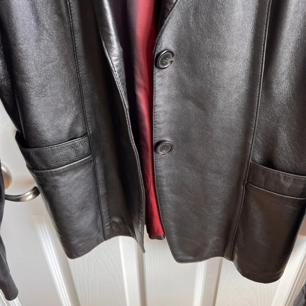Whet‎ Blu Leather Blazer Jacket Womens Large Black Single Button Red Lining - Picture 3 of 11